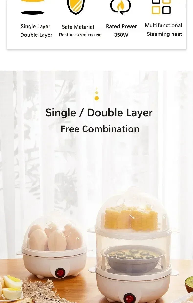 Multifunctional Electric Egg Cooker Steamer - Double Layer for Boil, Poach, Steam Eggs & Veggies, Compact Breakfast Appliance - RELUX.STORE