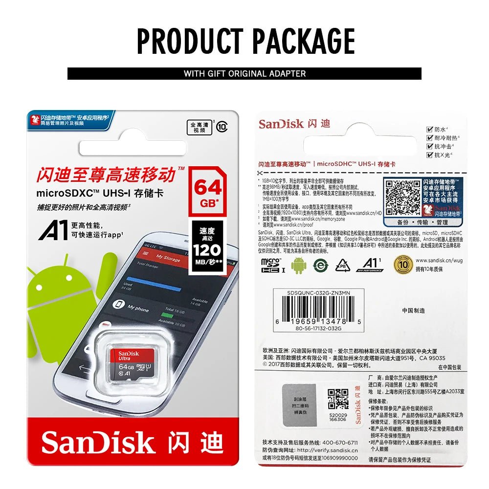 Original SanDisk Micro SD Memory Card 32GB 64GB 128GB 256GB – Class 10 UHS - I TF Flash Card for Smartphone, Camera, Tablet & PC - RELUX.STORE