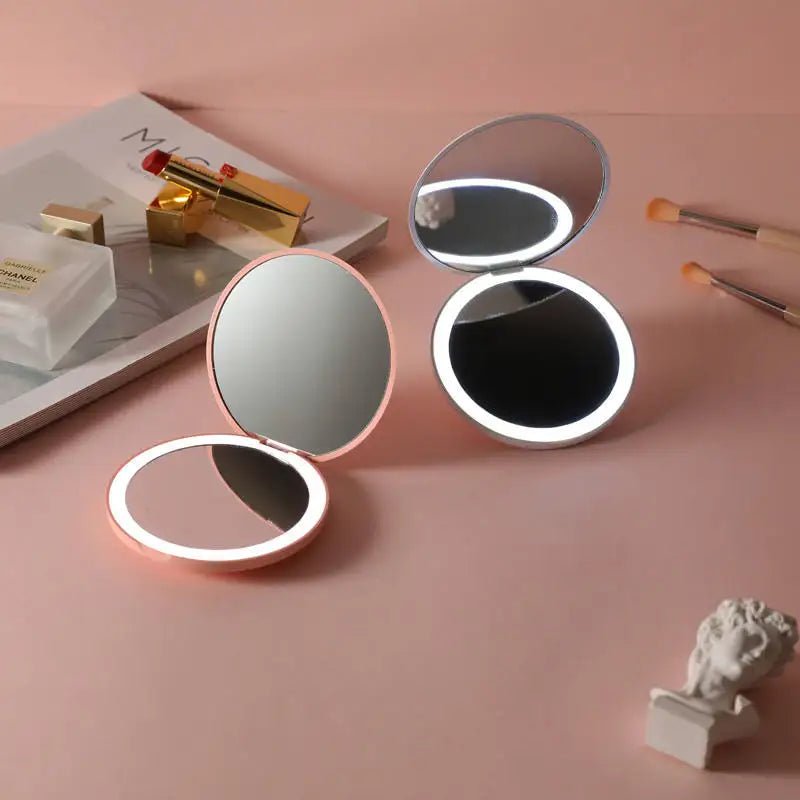 Personalized Small LED Light Cosmetic 2 Side Folding Makeup Compact Pocket Mirror Women Luminous Effect Pink White Mini Mirror - RELUX.STORE