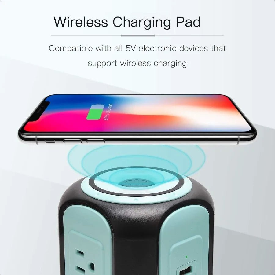 Power Strip Tower with Wireless Charger – Surge Protector 10A 1080J, 9 Outlets & 4 USB Ports, 10ft Extension Cord Charging Station - RELUX.STORE