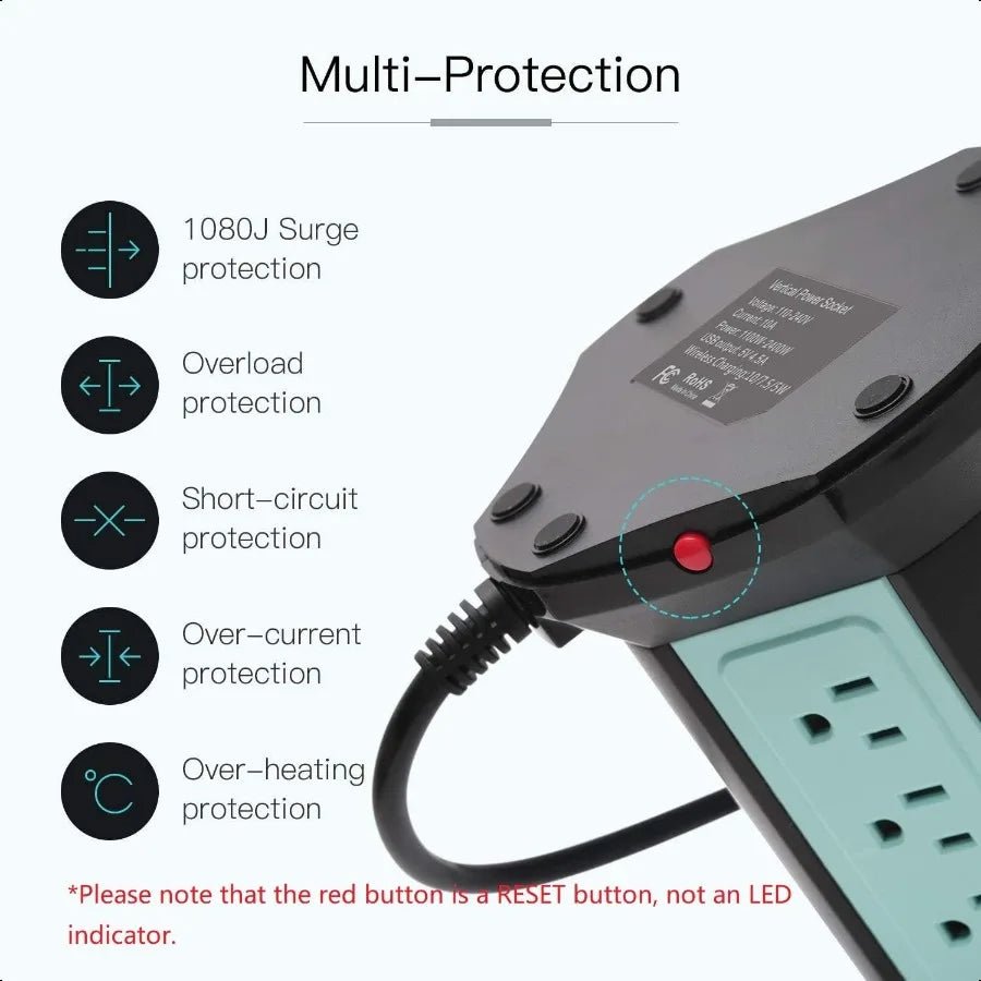 Power Strip Tower with Wireless Charger – Surge Protector 10A 1080J, 9 Outlets & 4 USB Ports, 10ft Extension Cord Charging Station - RELUX.STORE