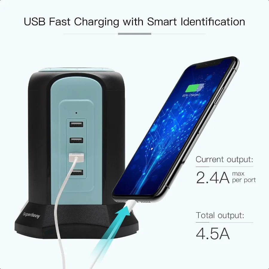 Power Strip Tower with Wireless Charger – Surge Protector 10A 1080J, 9 Outlets & 4 USB Ports, 10ft Extension Cord Charging Station - RELUX.STORE
