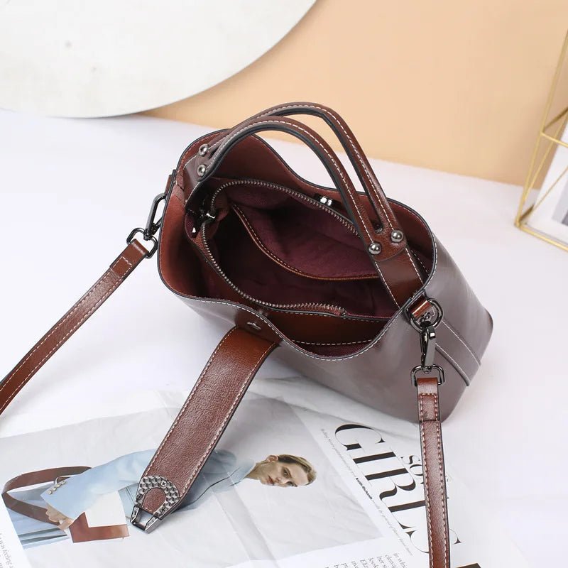 Real Oil Wax Leather Women's Bucket Bag Casual and Simple Handbag Large Capacity Ladies Cowhide Fashionable Crossbody Tote Bag - RELUX.STORE