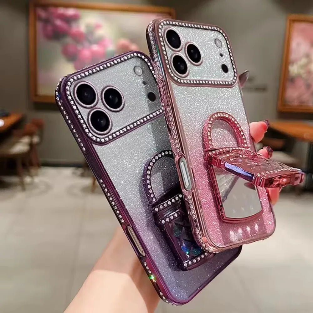"Rhinestone Glitter Phone Case with Makeup Mirror Holder for iPhone 17 / 15 / 14 / 13 / 12 Pro Max – Quicksand Sparkle Cover" - RELUX.STORE