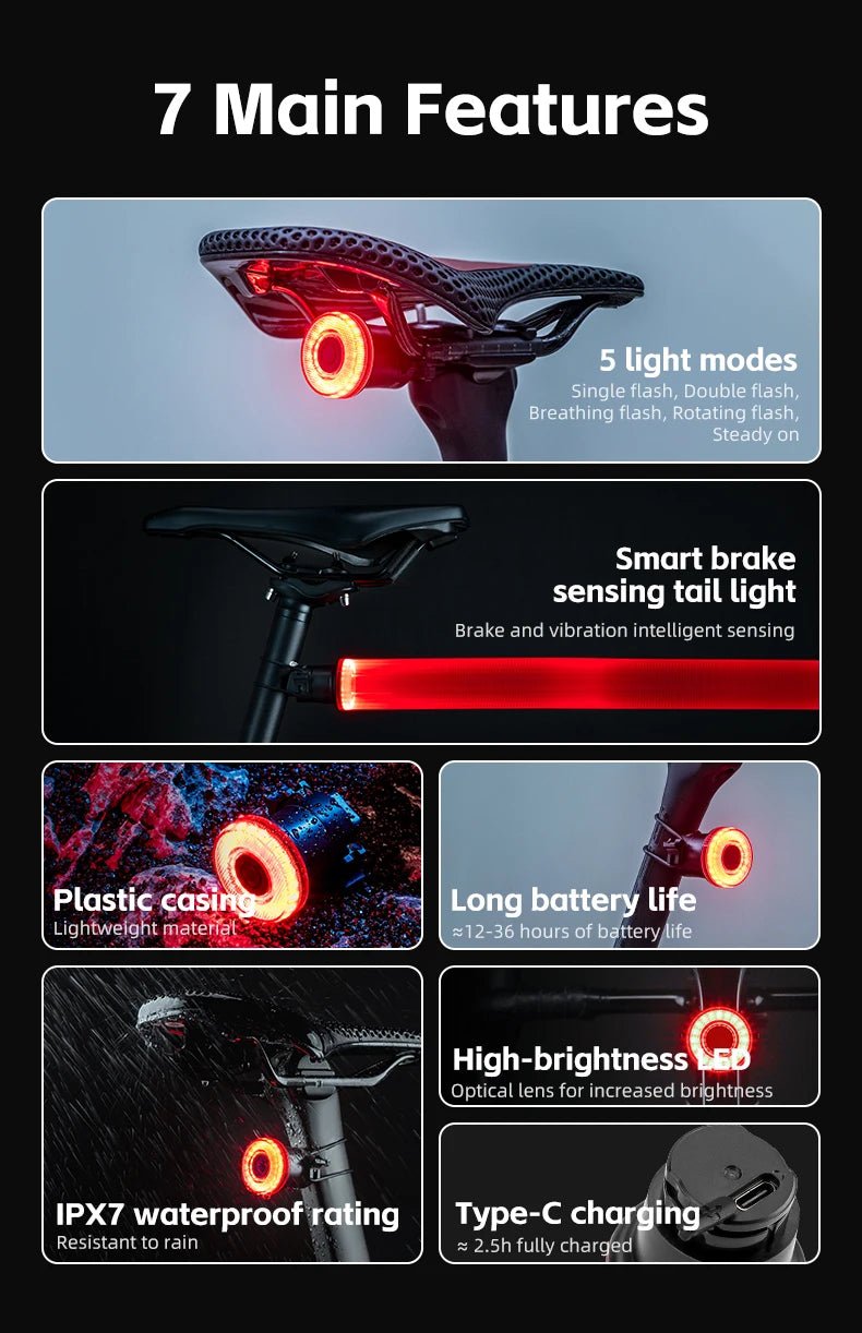 "ROCKBROS Smart Bike Tail Light – IPX6 Waterproof Rechargeable Rear Light for Night Riding, USB Type - C Charging" - RELUX.STORE