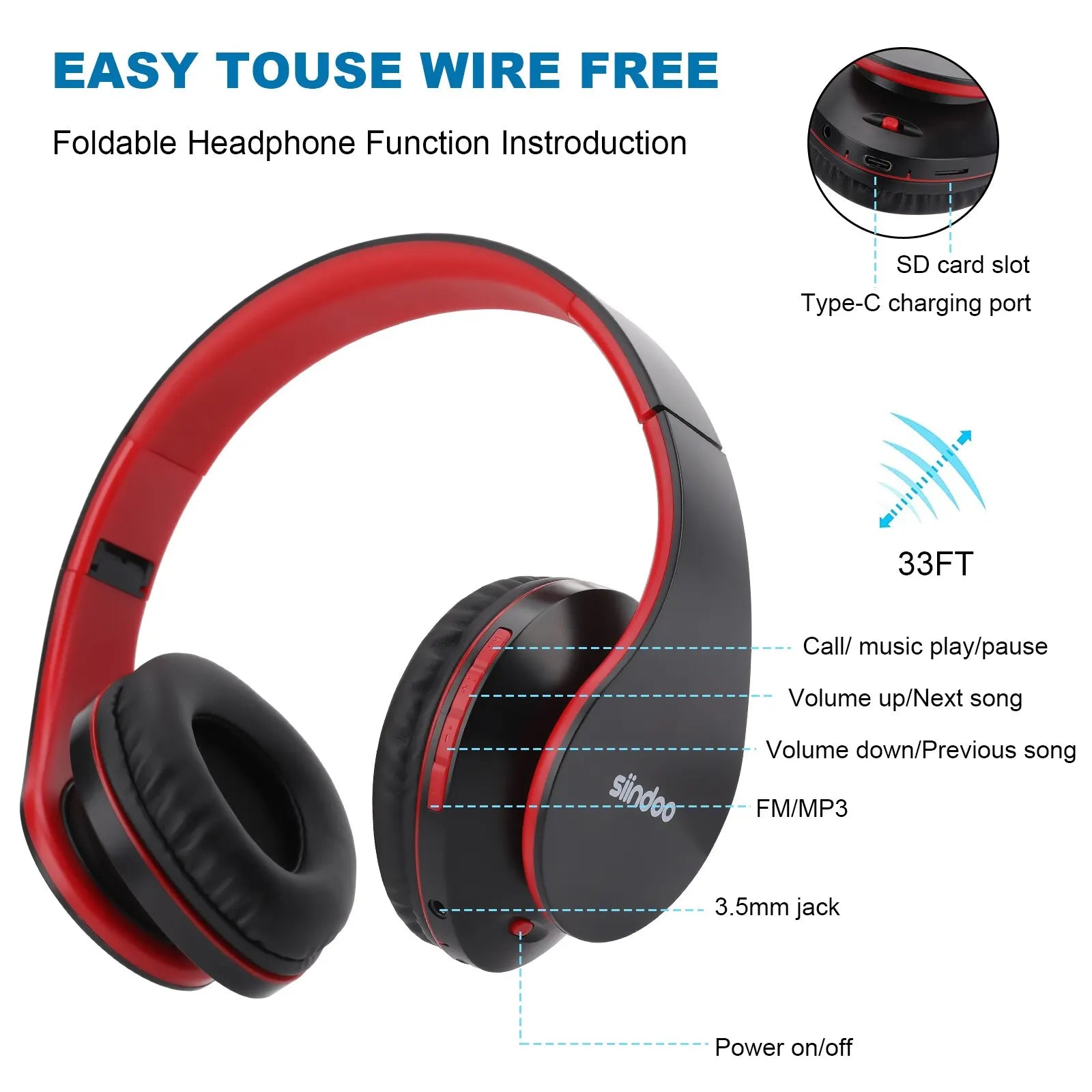 Siindoo JH - 812 Wireless Headphone Foldable Stereo BT5.1 Earphones Music Headset FM and Support SD Card with Mic for Mobile PC TV - RELUX.STORE