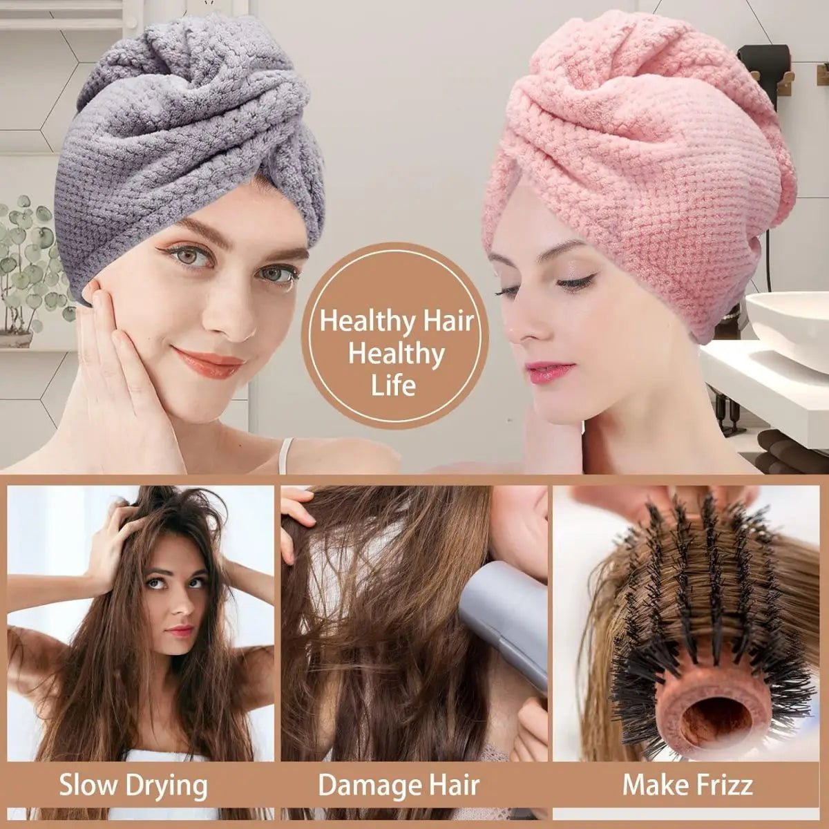 “Solid Color Hair Towel Wrap – Textured, Absorbent Dry Hair Cap with Button for Women, 9.8” x 25.5”” - RELUX.STORE