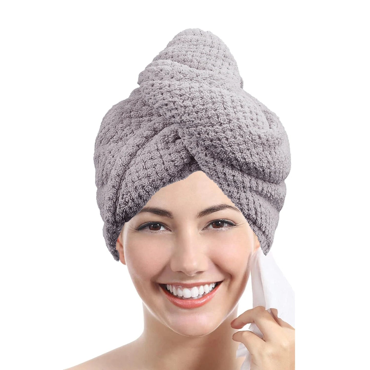 “Solid Color Hair Towel Wrap – Textured, Absorbent Dry Hair Cap with Button for Women, 9.8” x 25.5”” - RELUX.STORE