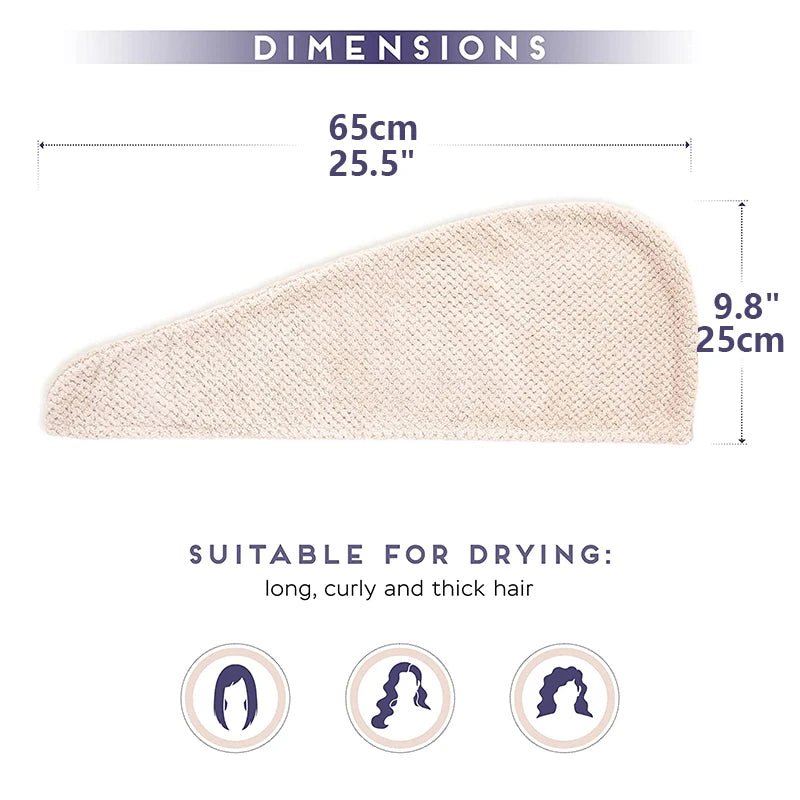 “Solid Color Hair Towel Wrap – Textured, Absorbent Dry Hair Cap with Button for Women, 9.8” x 25.5”” - RELUX.STORE