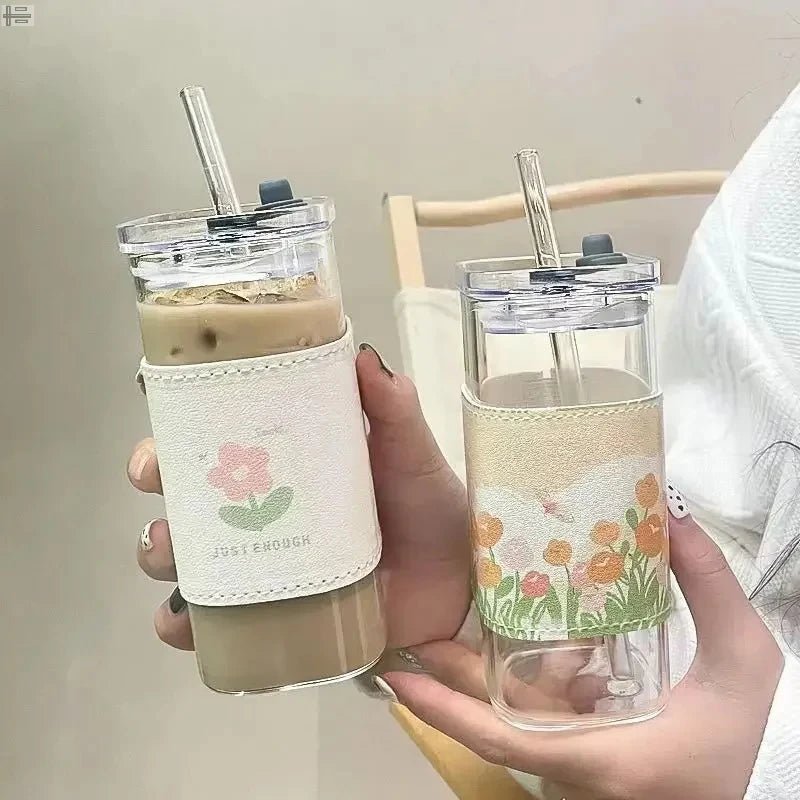 Square Heat Resistant Coffee Glass Cup With Lid and Straw Transparent Milk Tea Juice Cups Coffee Mug For Home Bar Drinkware - RELUX.STORE