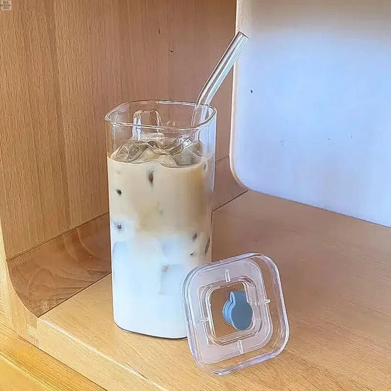 Square Heat Resistant Coffee Glass Cup With Lid and Straw Transparent Milk Tea Juice Cups Coffee Mug For Home Bar Drinkware - RELUX.STORE