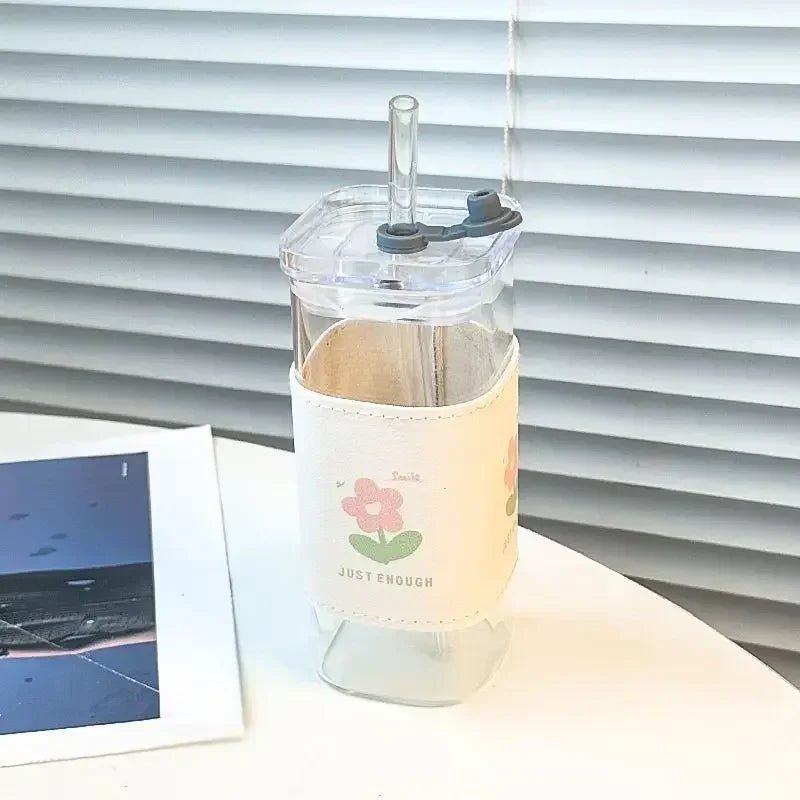 Square Heat Resistant Coffee Glass Cup With Lid and Straw Transparent Milk Tea Juice Cups Coffee Mug For Home Bar Drinkware - RELUX.STORE