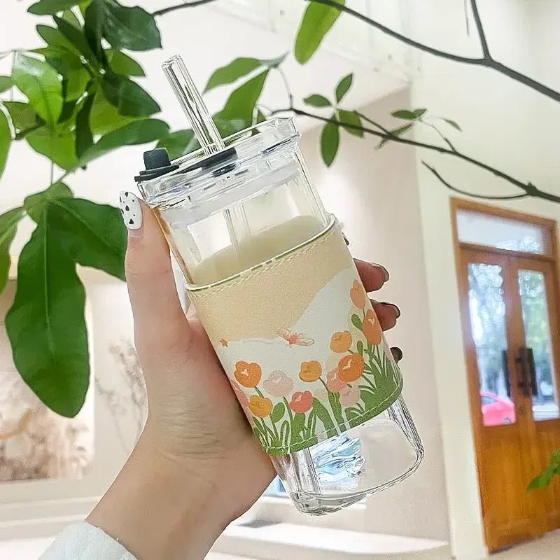 Square Heat Resistant Coffee Glass Cup With Lid and Straw Transparent Milk Tea Juice Cups Coffee Mug For Home Bar Drinkware - RELUX.STORE
