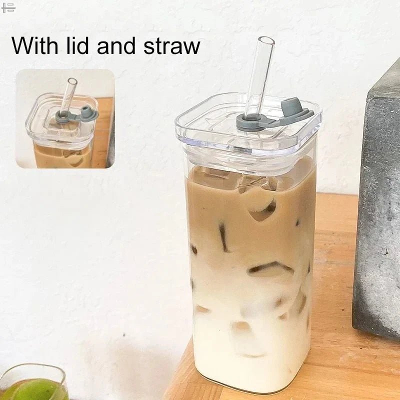 Square Heat Resistant Coffee Glass Cup With Lid and Straw Transparent Milk Tea Juice Cups Coffee Mug For Home Bar Drinkware - RELUX.STORE