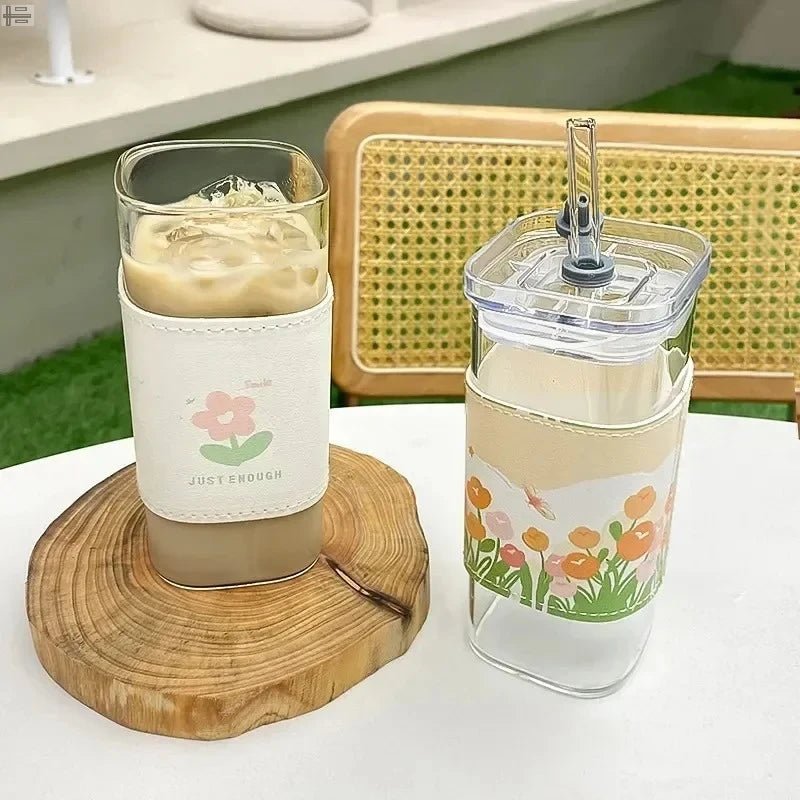 Square Heat Resistant Coffee Glass Cup With Lid and Straw Transparent Milk Tea Juice Cups Coffee Mug For Home Bar Drinkware - RELUX.STORE