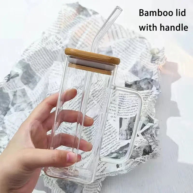 Square Heat Resistant Coffee Glass Cup With Lid and Straw Transparent Milk Tea Juice Cups Coffee Mug For Home Bar Drinkware - RELUX.STORE