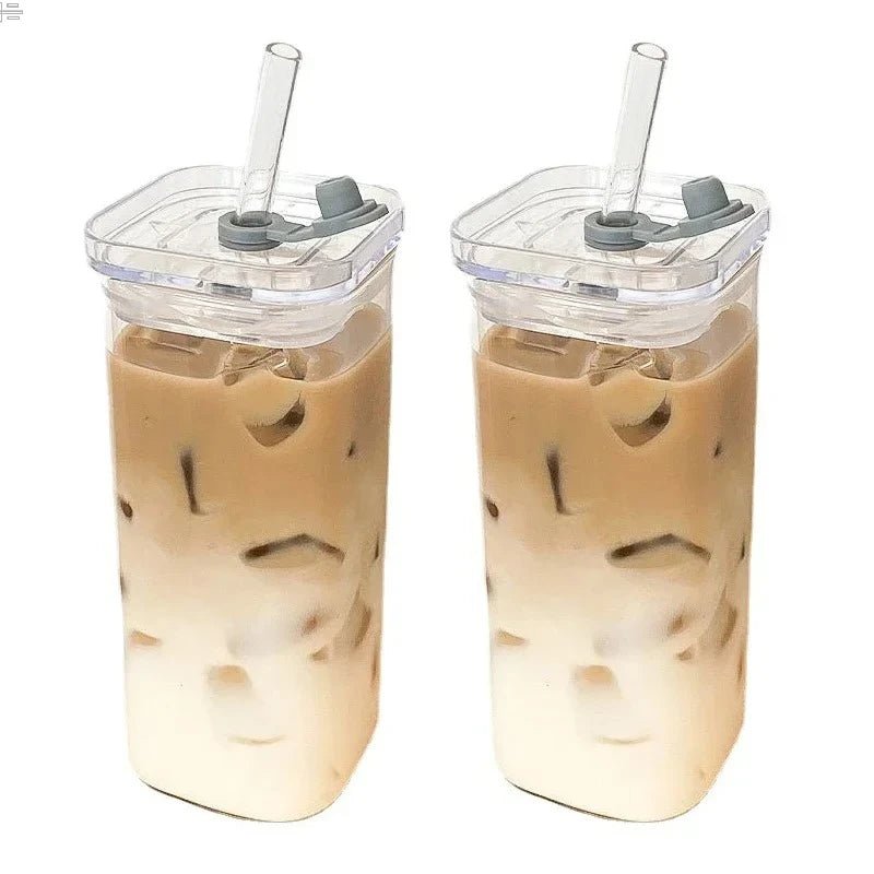 Square Heat Resistant Coffee Glass Cup With Lid and Straw Transparent Milk Tea Juice Cups Coffee Mug For Home Bar Drinkware - RELUX.STORE