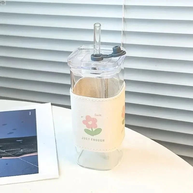 Square Heat Resistant Coffee Glass Cup With Lid and Straw Transparent Milk Tea Juice Cups Coffee Mug For Home Bar Drinkware - RELUX.STORE