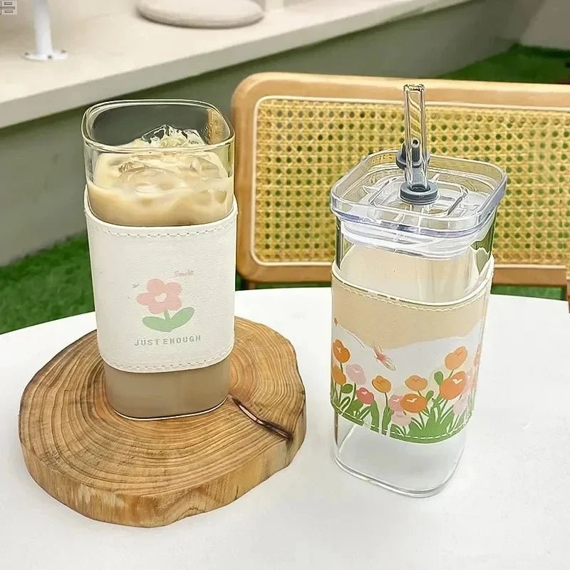 Square Heat Resistant Coffee Glass Cup With Lid and Straw Transparent Milk Tea Juice Cups Coffee Mug For Home Bar Drinkware - RELUX.STORE