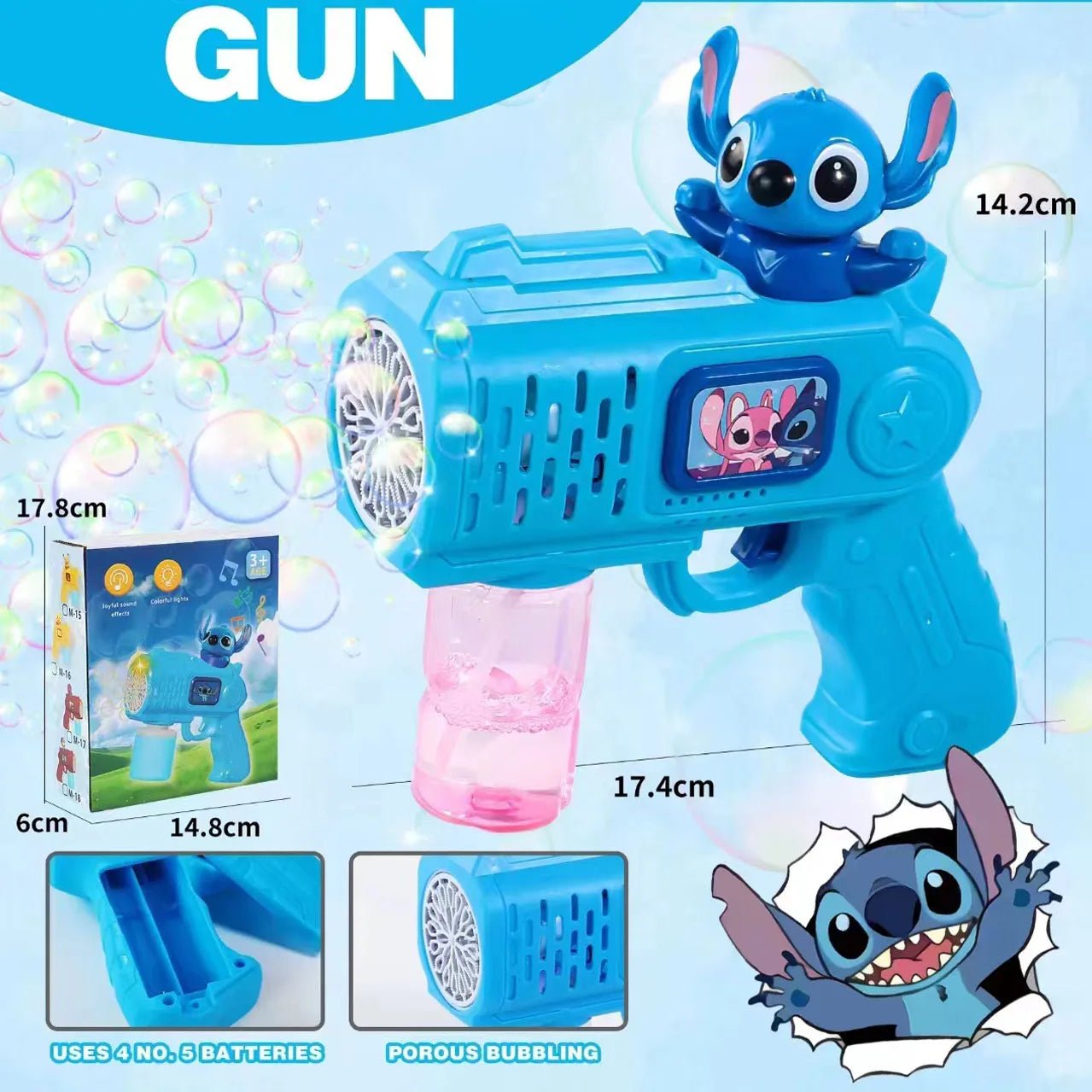 “Stitch Electric Bubble Gun – Automatic Bubble Blower Toy with Light for Kids, Fun Outdoor Bubble Machine for Boys & Girls Gift” - RELUX.STORE
