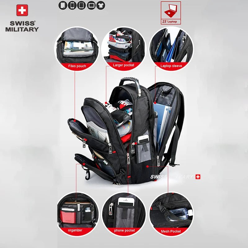 SWISS 17" Laptop Backpack – Waterproof USB Charging Port, Swiss - Style Multifunctional Rucksack for School, Hiking & Travel - RELUX.STORE