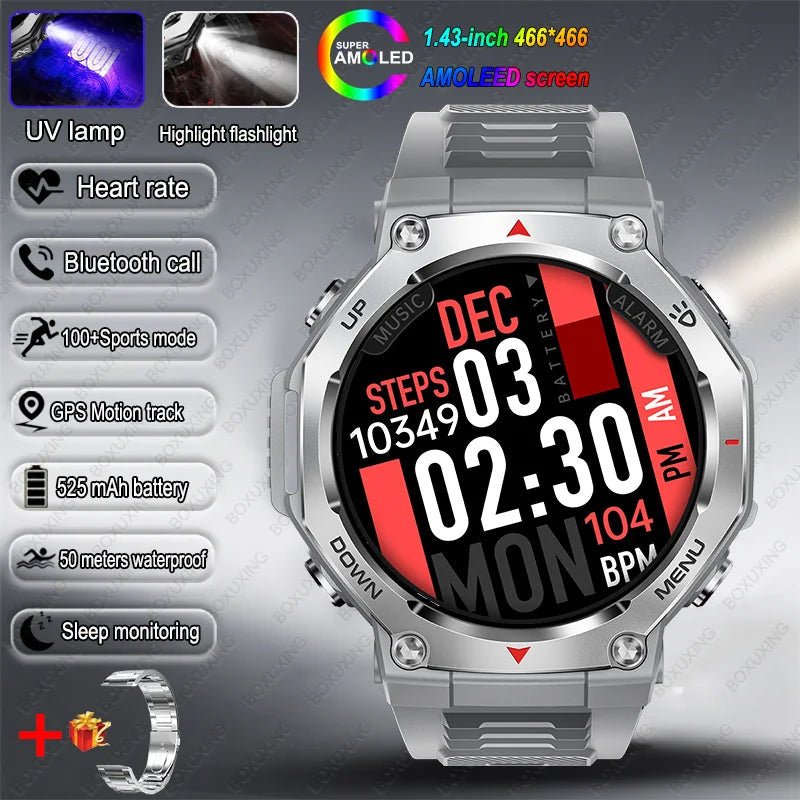 T - Rex 3 GPS Smart Watch 5ATM Waterproof 1.43 inch AMOLED HD Screen BT Call Flashlight Military Sport Smartwatches Men 2025 New - RELUX.STORE