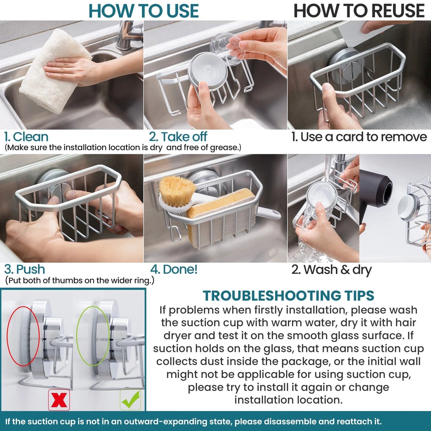 TAILI Sponge Holder for Kitchen Sink with Strong Suction Cup Removable, Rustproof Aluminum Sink Caddy for Sponge, Brush - RELUX.STORE