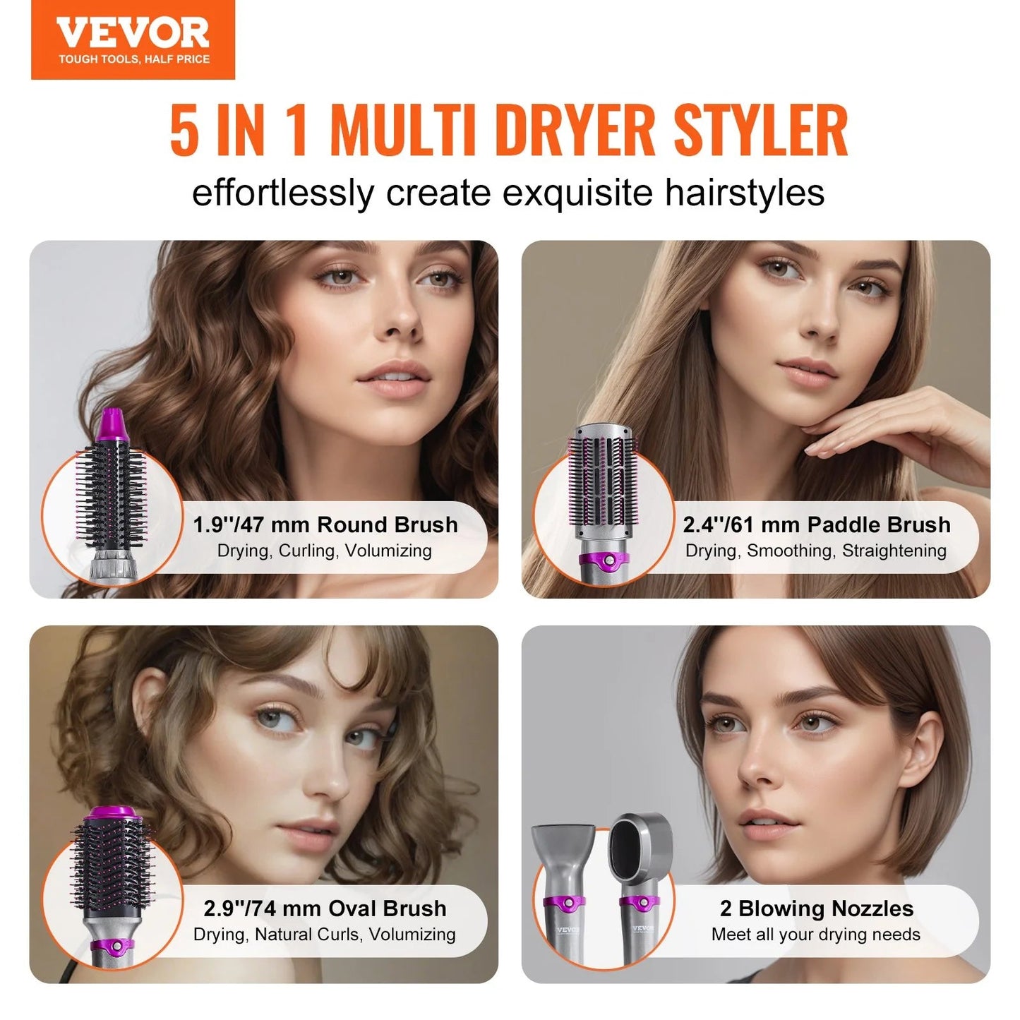 VEVOR 5 - in - 1 Hair Dryer Brush – Hot Air Styler with Upgraded Negative Ion Technology for Curling, Straightening & Volumizing - RELUX.STORE