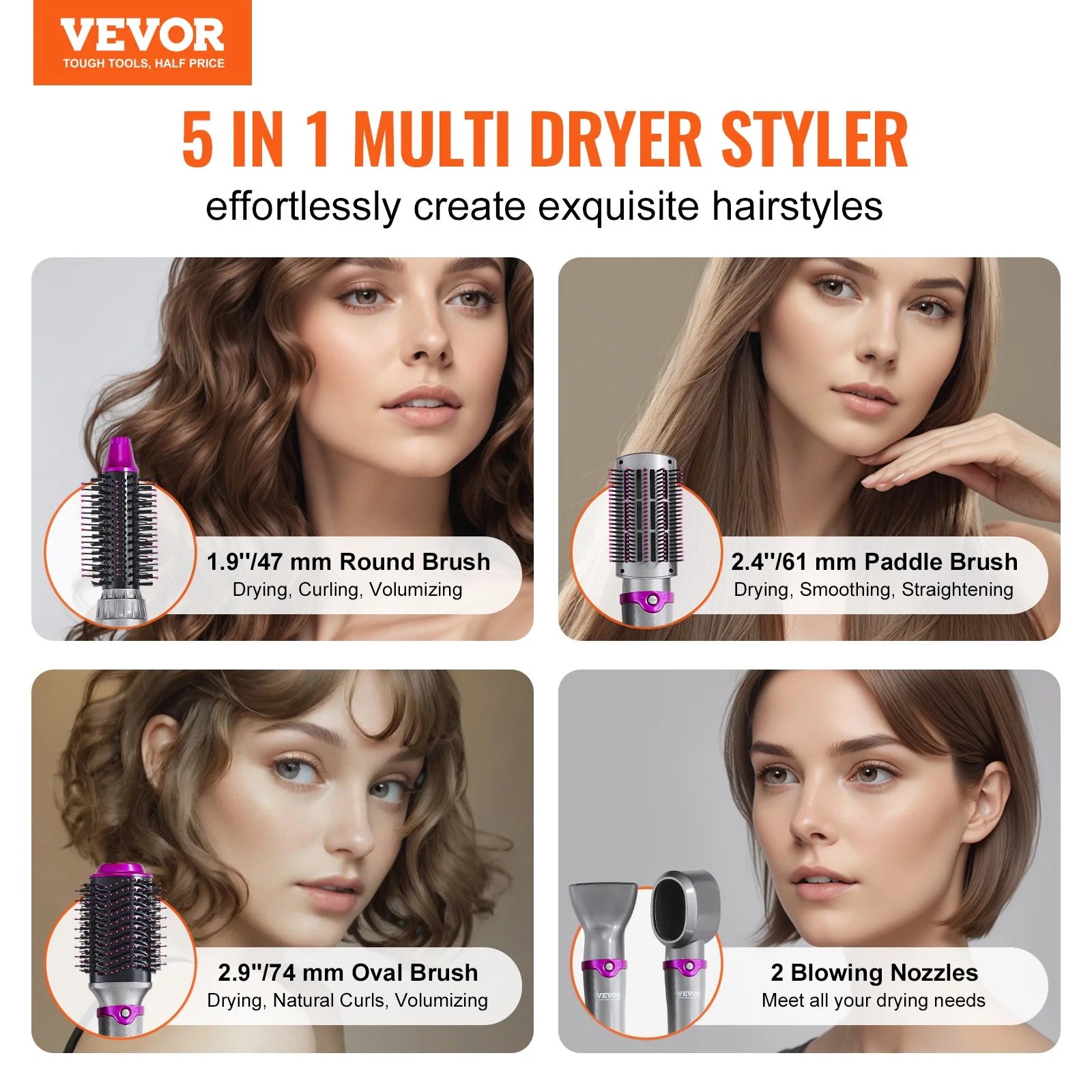VEVOR 5 - in - 1 Hair Dryer Brush – Hot Air Styler with Upgraded Negative Ion Technology for Curling, Straightening & Volumizing - RELUX.STORE