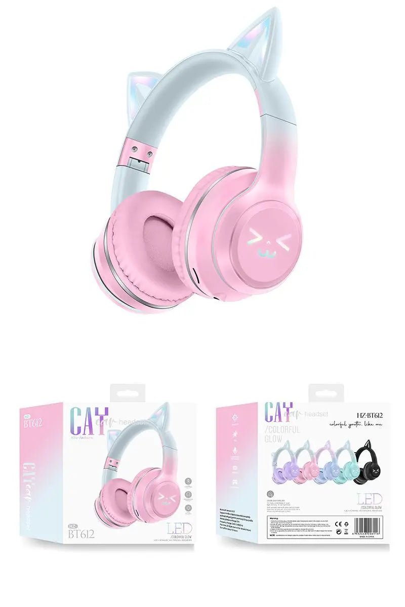 Wireless RGB Cat Ear Headphones – Cute Girls & Kids Headset with Mic, Stereo Music, Gaming Lights & Earbud Controls - RELUX.STORE