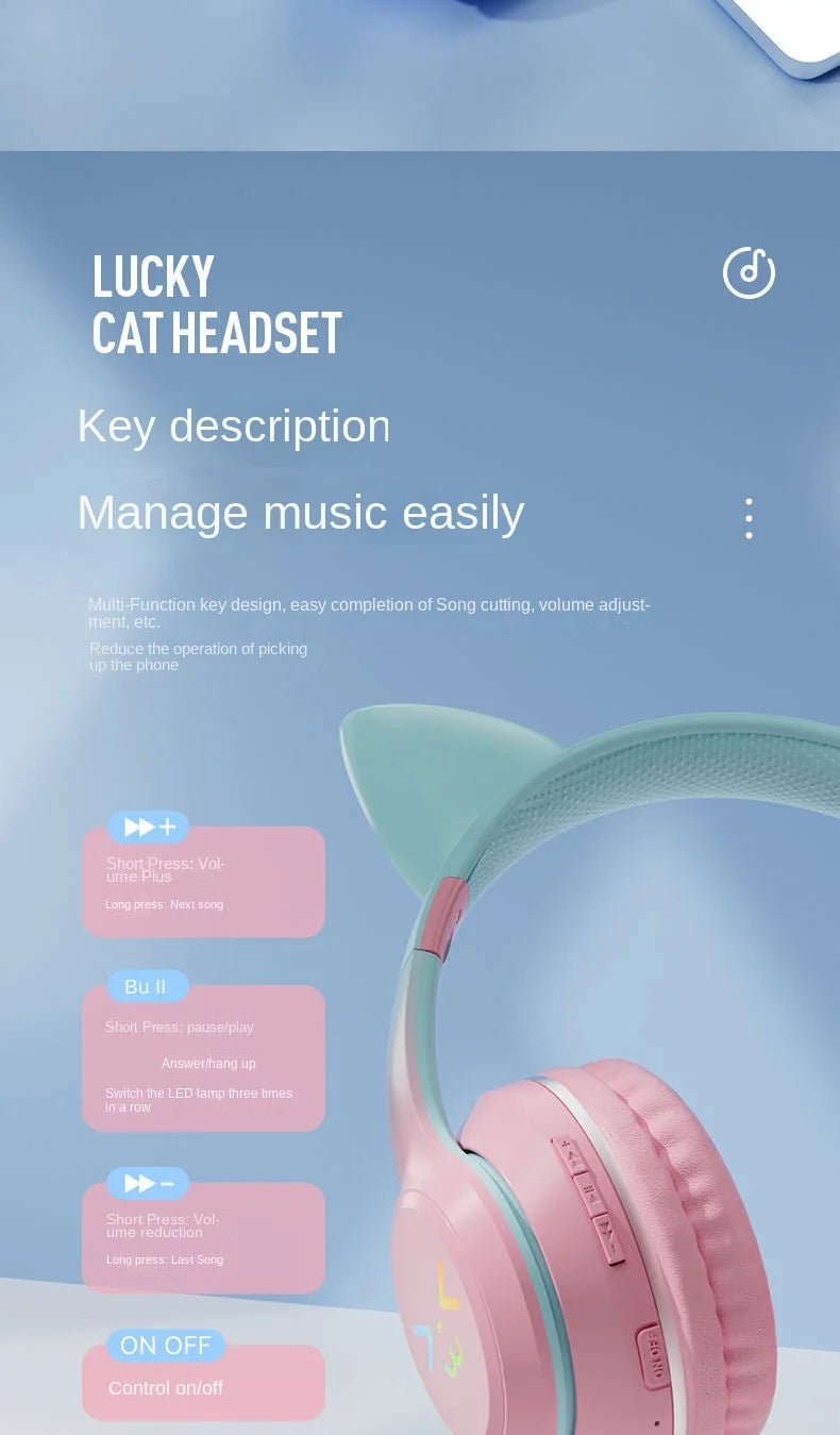 Wireless RGB Cat Ear Headphones – Cute Girls & Kids Headset with Mic, Stereo Music, Gaming Lights & Earbud Controls - RELUX.STORE
