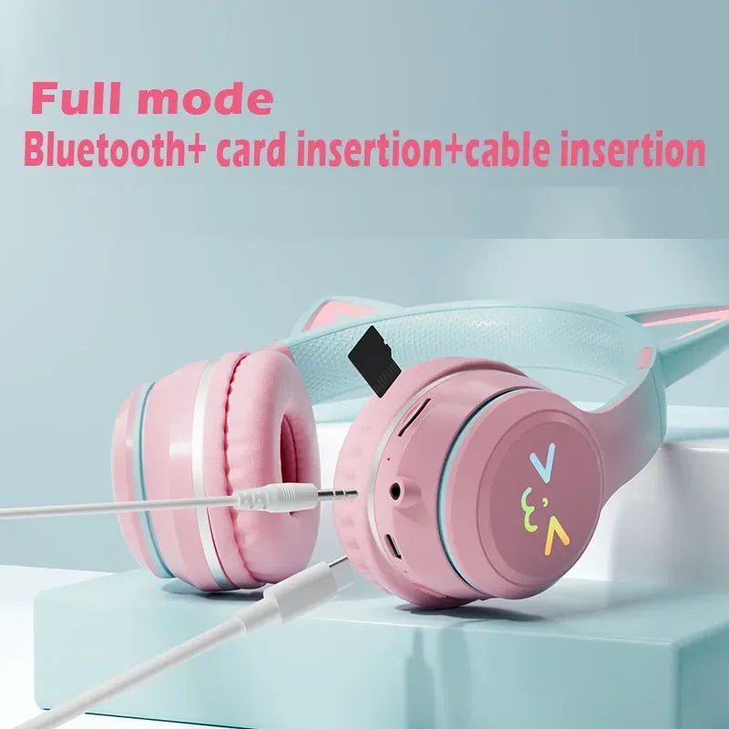 Wireless RGB Cat Ear Headphones – Cute Girls & Kids Headset with Mic, Stereo Music, Gaming Lights & Earbud Controls - RELUX.STORE