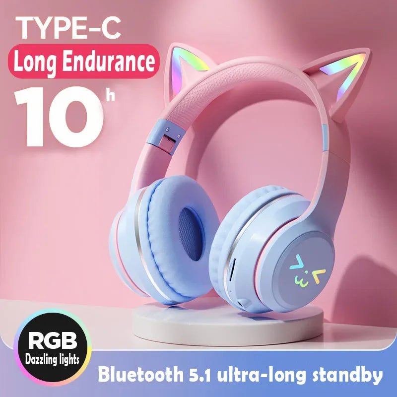 Wireless RGB Cat Ear Headphones – Cute Girls & Kids Headset with Mic, Stereo Music, Gaming Lights & Earbud Controls - RELUX.STORE