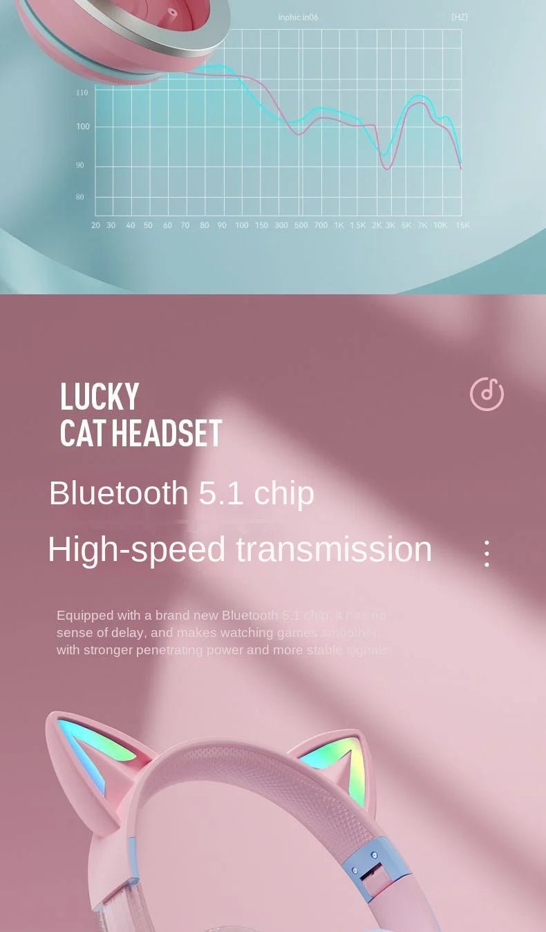 Wireless RGB Cat Ear Headphones – Cute Girls & Kids Headset with Mic, Stereo Music, Gaming Lights & Earbud Controls - RELUX.STORE