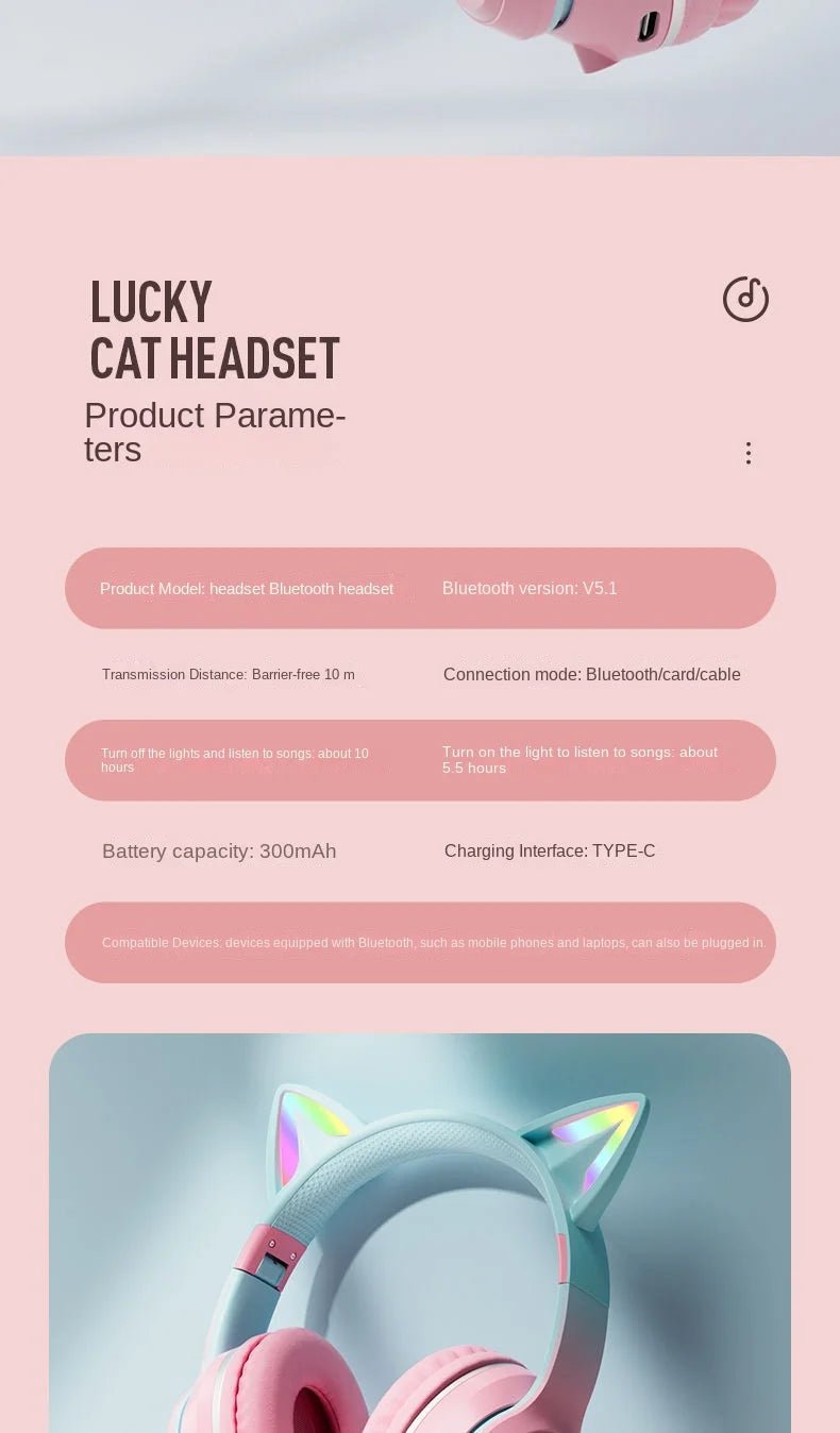 Wireless RGB Cat Ear Headphones – Cute Girls & Kids Headset with Mic, Stereo Music, Gaming Lights & Earbud Controls - RELUX.STORE
