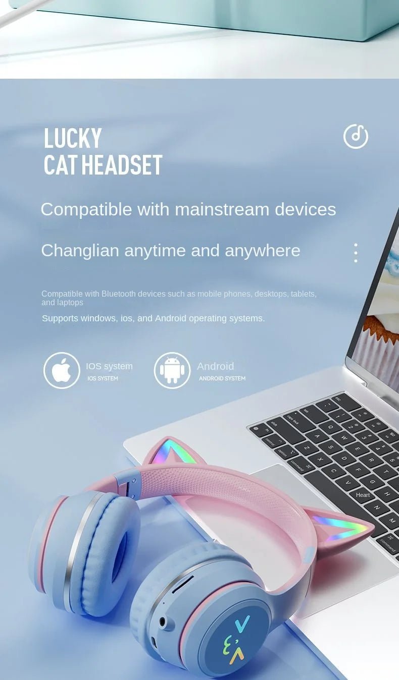 Wireless RGB Cat Ear Headphones – Cute Girls & Kids Headset with Mic, Stereo Music, Gaming Lights & Earbud Controls - RELUX.STORE