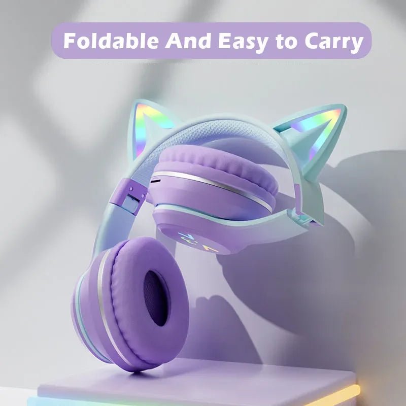 Wireless RGB Cat Ear Headphones – Cute Girls & Kids Headset with Mic, Stereo Music, Gaming Lights & Earbud Controls - RELUX.STORE