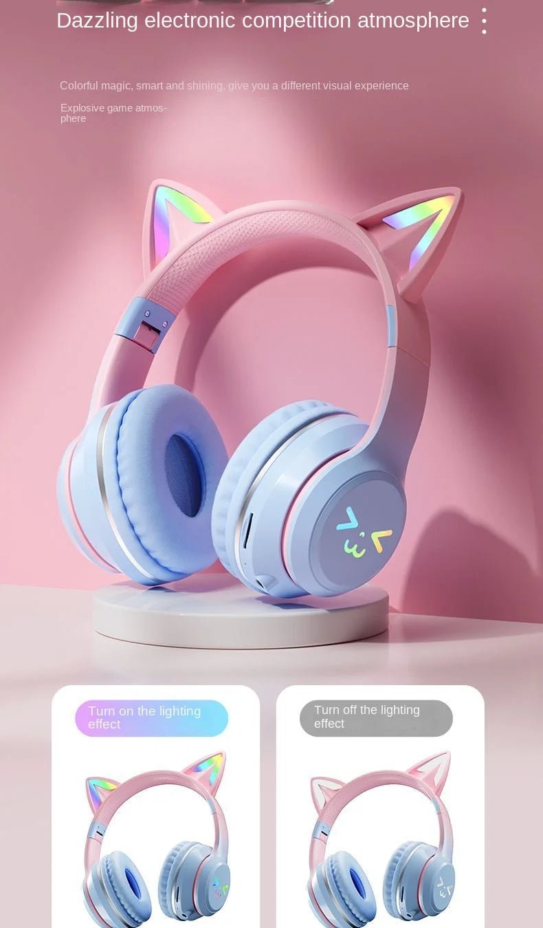 Wireless RGB Cat Ear Headphones – Cute Girls & Kids Headset with Mic, Stereo Music, Gaming Lights & Earbud Controls - RELUX.STORE
