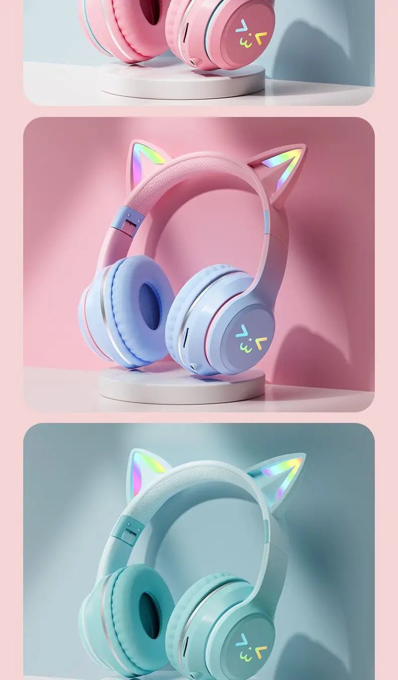 Wireless RGB Cat Ear Headphones – Cute Girls & Kids Headset with Mic, Stereo Music, Gaming Lights & Earbud Controls - RELUX.STORE