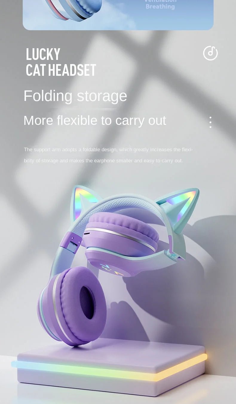 Wireless RGB Cat Ear Headphones – Cute Girls & Kids Headset with Mic, Stereo Music, Gaming Lights & Earbud Controls - RELUX.STORE