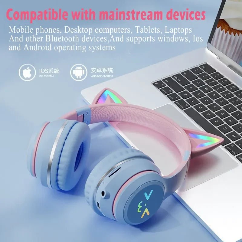 Wireless RGB Cat Ear Headphones – Cute Girls & Kids Headset with Mic, Stereo Music, Gaming Lights & Earbud Controls - RELUX.STORE