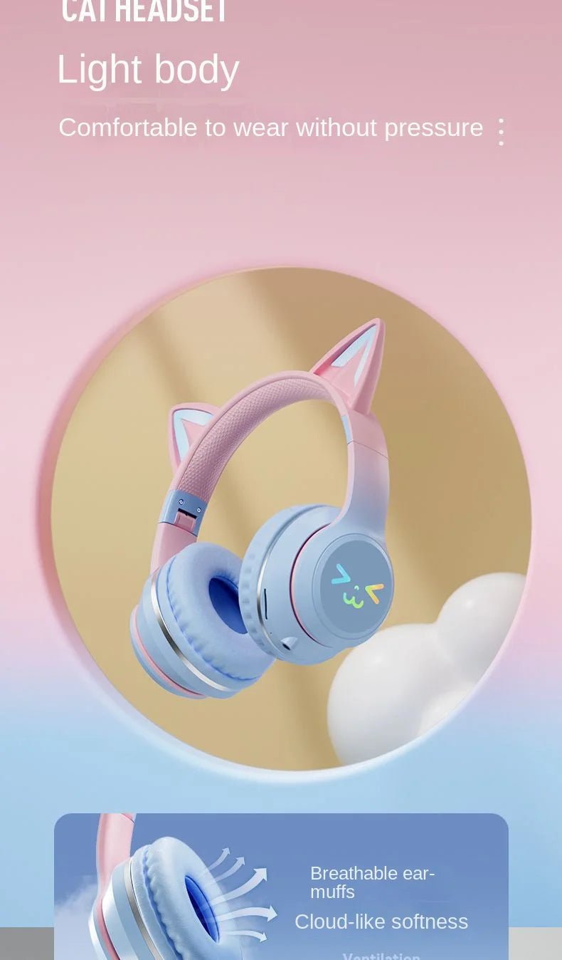 Wireless RGB Cat Ear Headphones – Cute Girls & Kids Headset with Mic, Stereo Music, Gaming Lights & Earbud Controls - RELUX.STORE