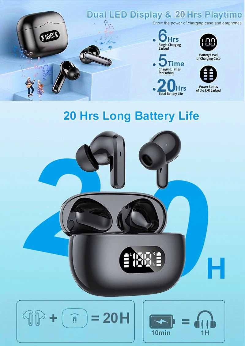 Wireless TWS Earbuds – Bluetooth 5.3 Headphones with 40dB Noise Cancelling, 6 - Mic ENC, LED Display, HD Calls & Transparency Mode - RELUX.STORE