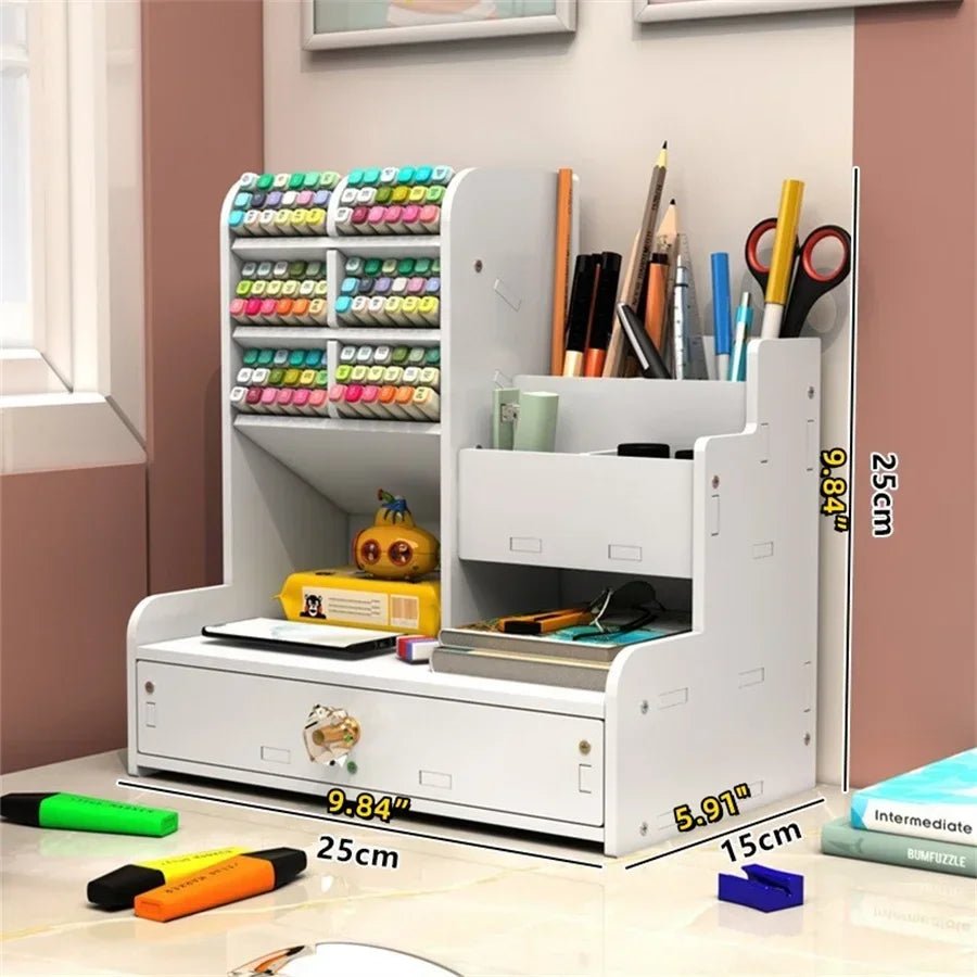 Wooden Desk Organiser DIY Desktop Tidy Pen Holder Large Capacity Stationery Storage Box with Drawer for Home Office and School - RELUX.STORE