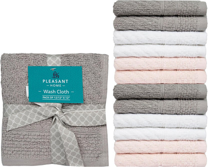 Diamond Wash Cloths Set - 12 Pack (12” X 12”) – 509 GSM - 100% Ring Spun Cotton Wash Cloth - Super Soft and Highly Absorbent Face Towels (Blush, White & Tan)