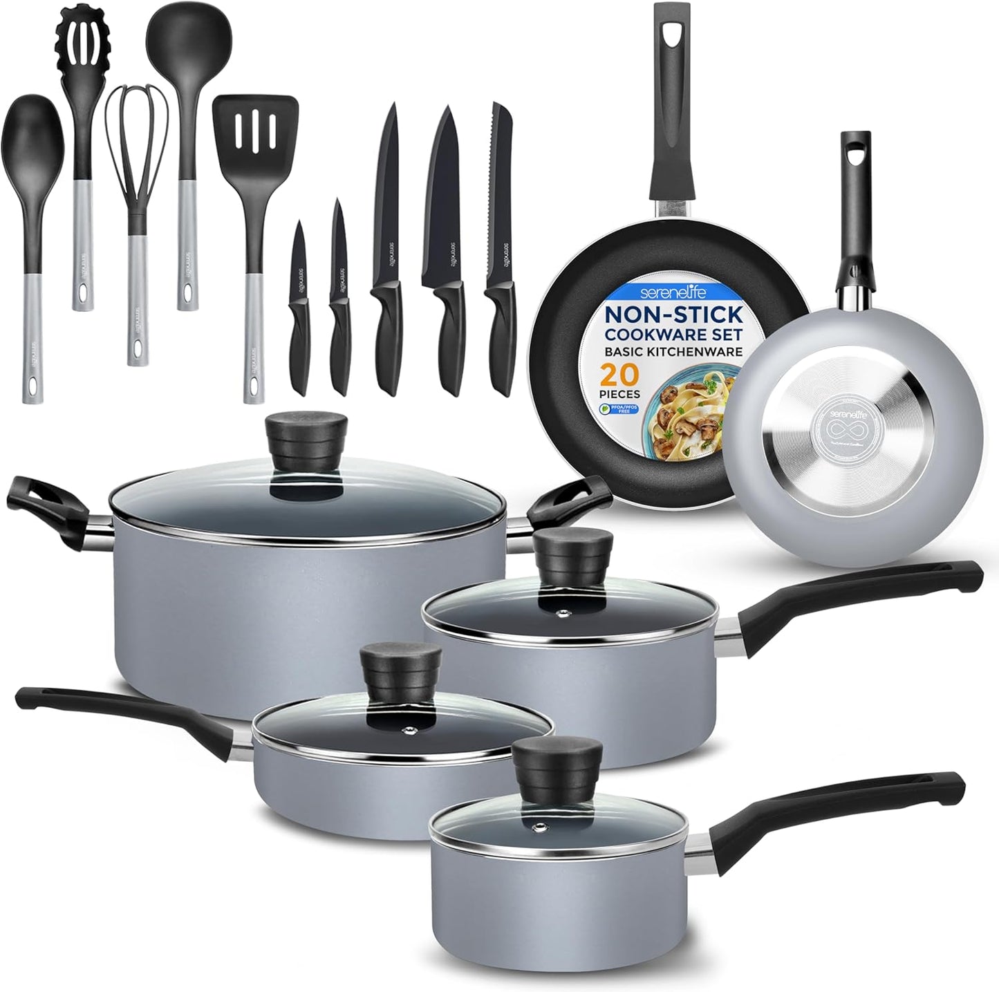 20-Piece Blue Cookware and Knives Set - Includes Multi-Sized Nonstick Pots and Pans with Lids and Utensils, Heat Resistant, Dishwasher Safe