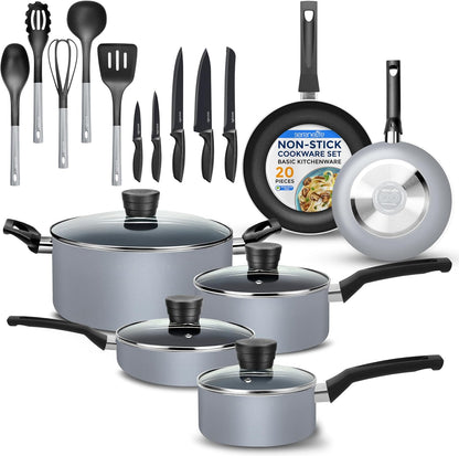 20-Piece Blue Cookware and Knives Set - Includes Multi-Sized Nonstick Pots and Pans with Lids and Utensils, Heat Resistant, Dishwasher Safe