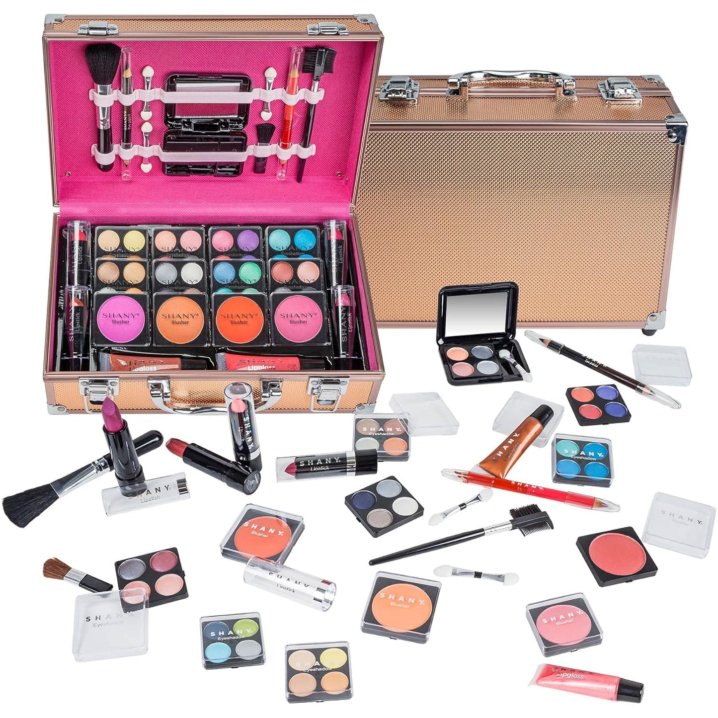Carry All Make up Train Case with Pro Makeup Set, Beauty Brushes, Lipsticks, Eye Shadows, Blushes, Powders, and More - Reusable Cosmetics Storage Organizer - Premium Gift Packaging - Pink