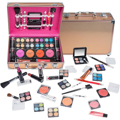 Carry All Make up Train Case with Pro Makeup Set, Beauty Brushes, Lipsticks, Eye Shadows, Blushes, Powders, and More - Reusable Cosmetics Storage Organizer - Premium Gift Packaging - Pink