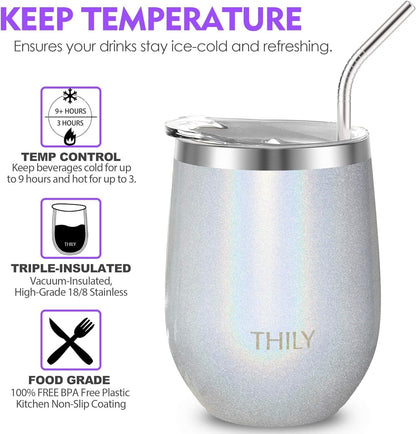 12Oz Insulated Stainless Steel Wine Tumbler with Sliding Lid & Straw - Stemless Travel Cup for Coffee, Cocktails, Beer - Cold Drinks - Glitter White - RELUX.STORE
